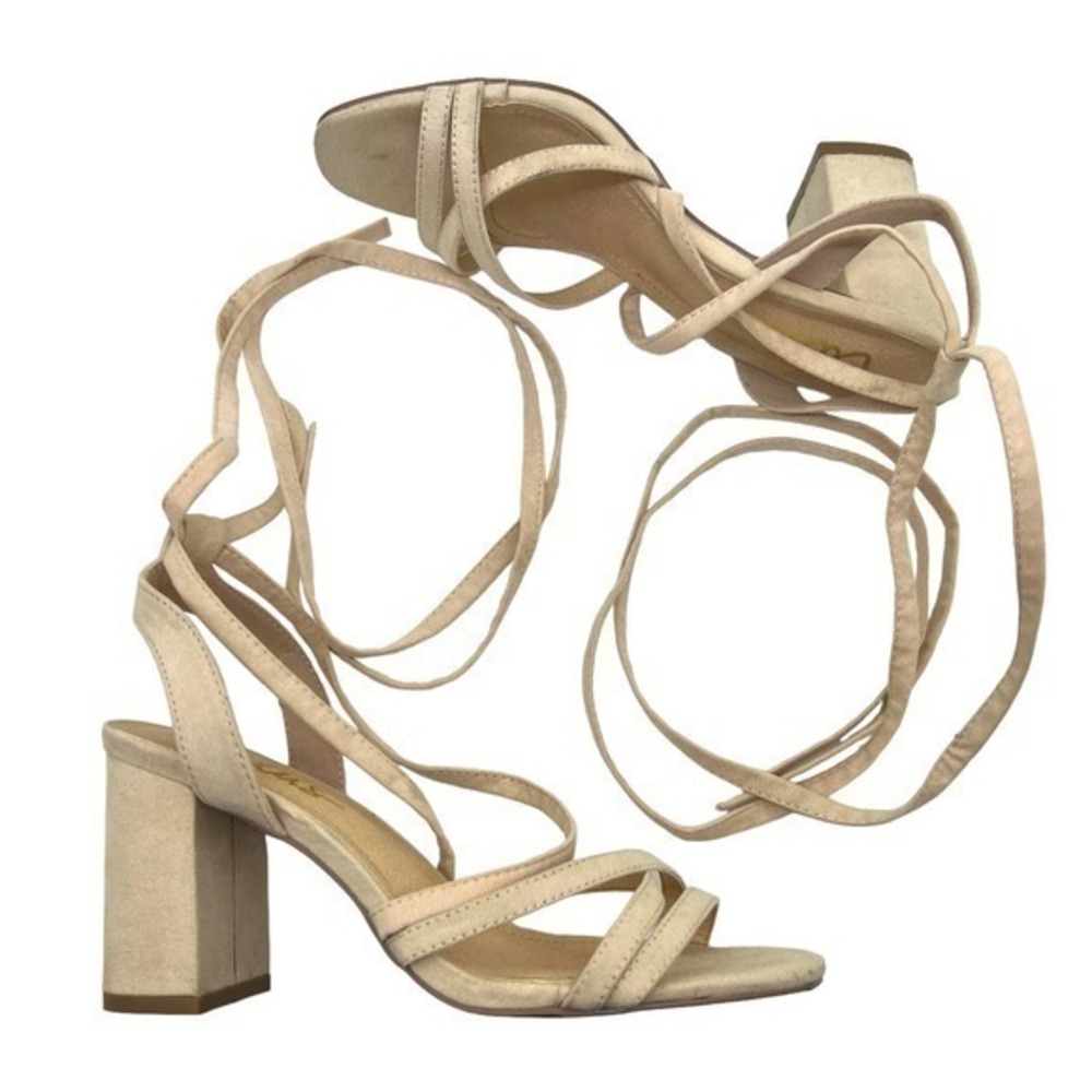 Lulus beige tan tie up ankle block heel open tie strappy sandals size 7.5